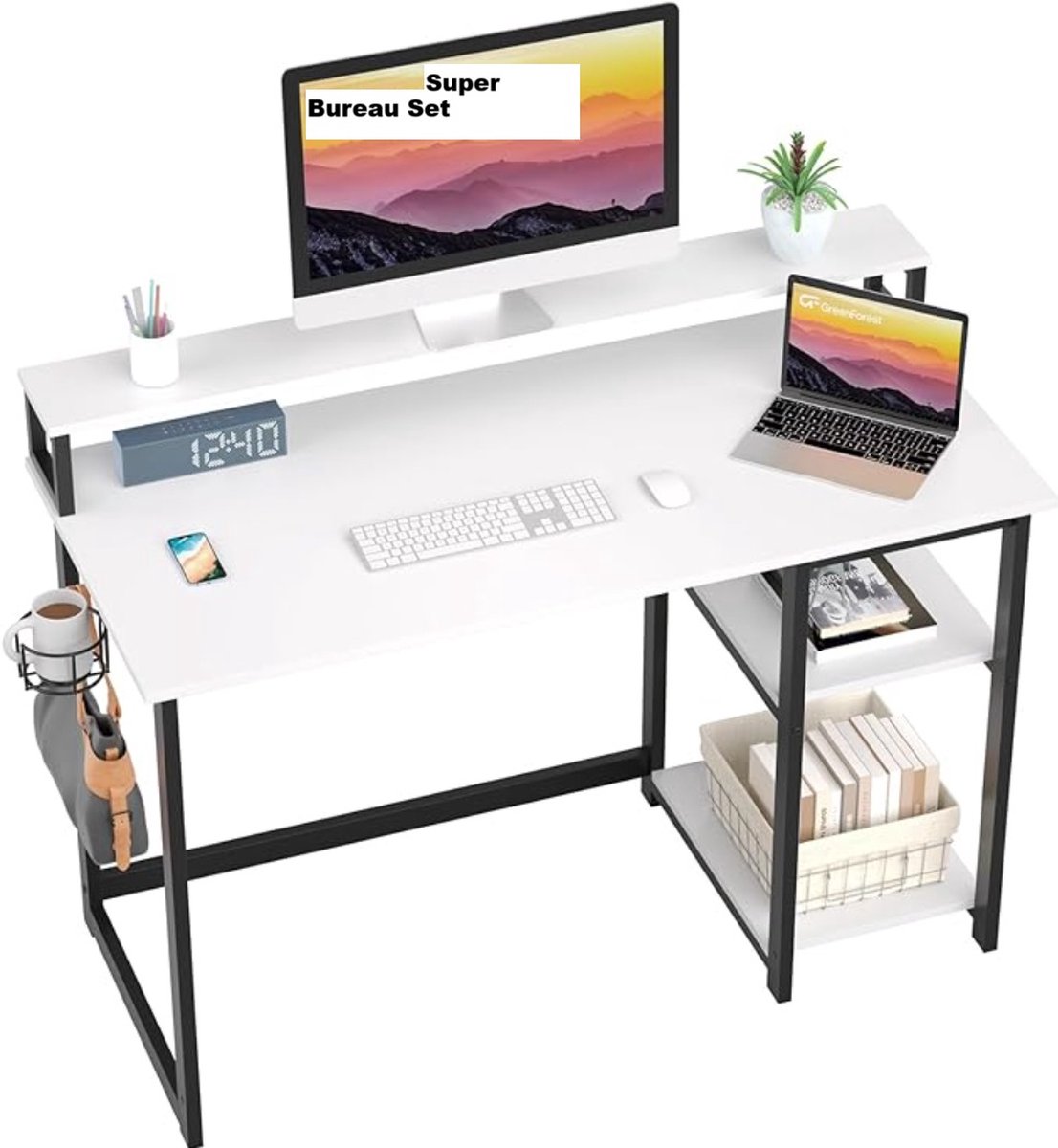 GreenForrest Desk with Monitor Stand, Height Adjustable, Computer Desk with Storage Bag, PC Table with Headphone Holder, Small Office Table for Home Office (100 x 50 x 74 cm, White)