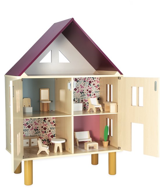 Janod Twist - Doll'S House - Houten Poppenhuis Met Drie Verdiepingen - Geleverd Met 11 Meubels Om Het Huis In Te Richten - Geschikt Vanaf 3 Jaar