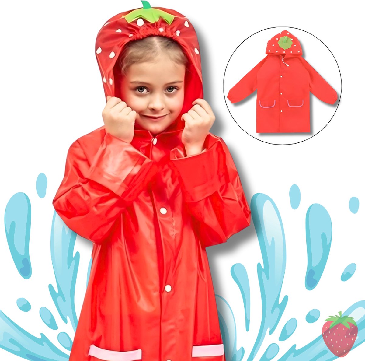 BoefieBoef Aardbei Regenjas Regenponcho Peuter & Kleuter 2-6 Jaar (maat 120) – Waterdichte Kinderregenjas met Capuchon – Lichtgewicht jas Regenpak Fietsen Buiten Spelen – Regen - Knutseljas - jas - cadeau jongens en meisjes - rood fruit