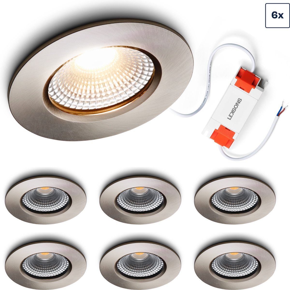 Ledisons LED inbouwspot Udis set 6 stuks RVS dimbaar Ø82 mm 2700K (extra warm-wit) 270 lumen 3 Watt IP65