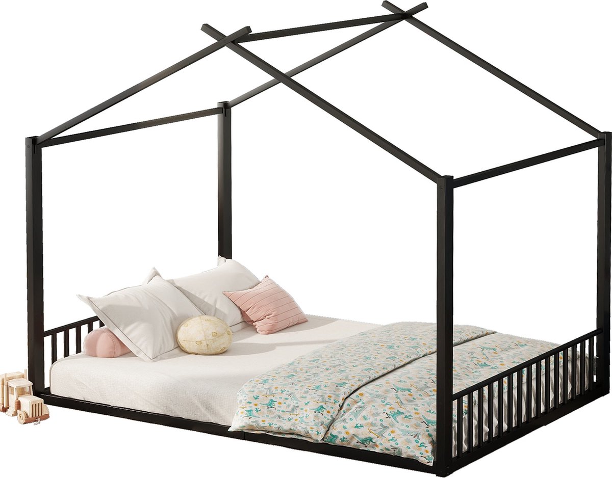 Merax Tweepersoonsbed 140x200cm - Kinderbed - Huisbed - Metalen Frame - Zwart Metaal