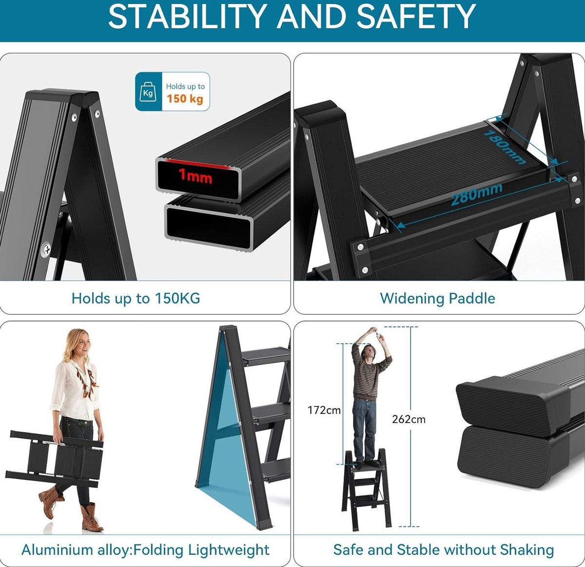 Eulenke Trapladder, 3 treden, vouwladder, aluminium, lichte staande ladder, draagbaar, met breed antislip pedaal, voor huishouden, kantoor, keuken, belastbaar tot 150 kg, zwart