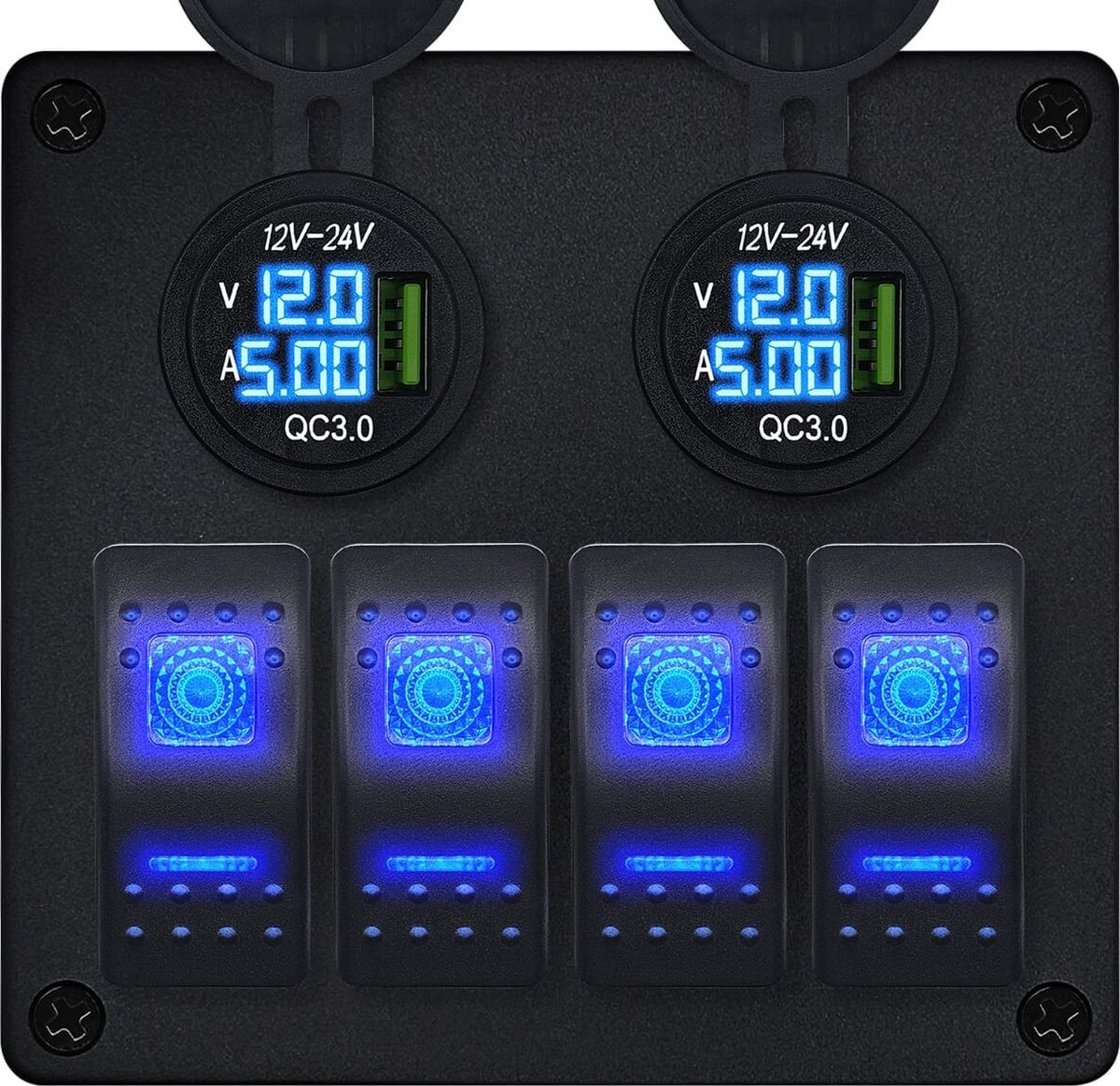 ProRide Schakelpaneel 12V voor Auto/Boot - USB Stopcontact met Voltmeter/Ampèremeter - QC3.0 - 4 schakelaars