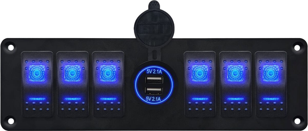 ProRide Schakelpaneel 12V voor Auto/Boot - USB Stopcontact 2 Poorten - 5V/2.1A - 6 schakelaars - Blauw
