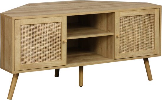 Hoek tv-meubel van licht hout met twee deuren met rotanfronten en open middenvak met twee planken.