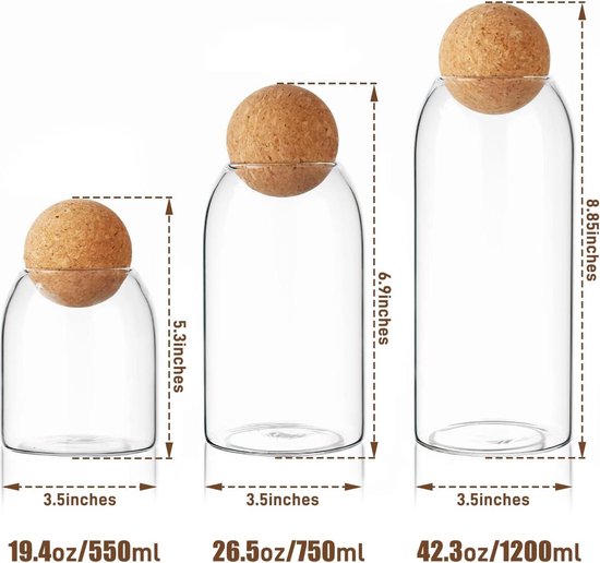 Glazen Voorraadpotten met Kurksluiting,800 ml/28 oz,Glazen Voedselopslagbus met Kurk Bal,Helderglazen Opslagpot,Luchtdicht,Voorraadpotten met Kurkdeksel,voor Specerijen,Suiker,Koffie,Koekjes,Snoep