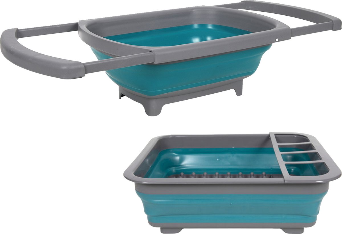 Goedkoopste Opvouwbare afwasbak en afdruiprek - grijs/blauw - kunststof - keuken benodigdheden - reis accessoire