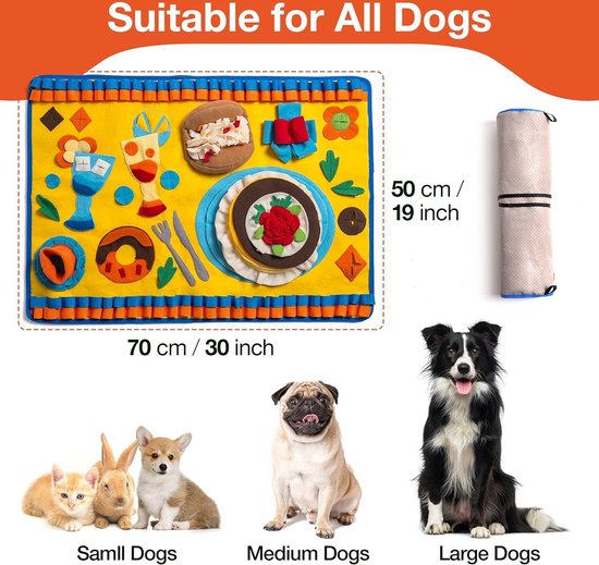 MEWOOFUN Moeilijke hondensnuffelmat, grote verwijderbare puppy-snuffelmat voor verveling en training, langzaam voeren, aanmoedigen om foerageervaardigheden te verkennen (70 x 50 cm