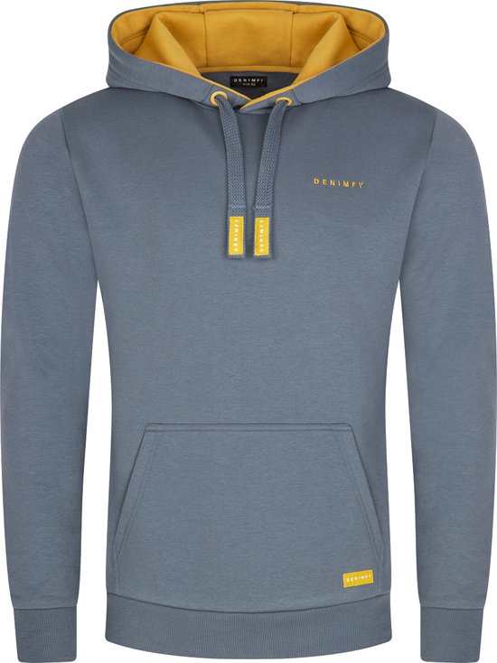 Sweat à capuche bleu avec doublure de capuche jaune et logo DENIMFY.