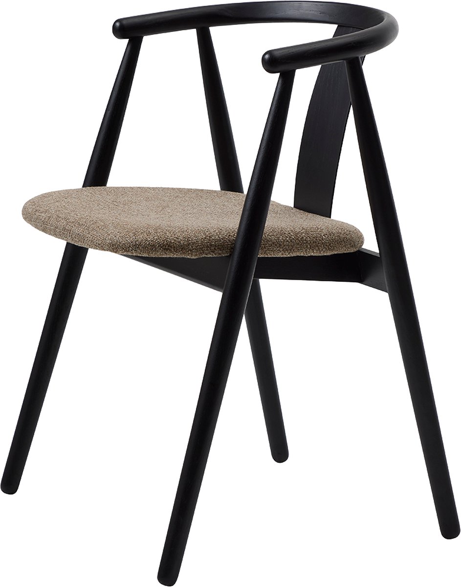 Olivine Kenza Eetkamerstoel Zwart - Hout - Eiken - met Warm Grijs Zitting van Stof - Eettafelstoel - Armleuning
