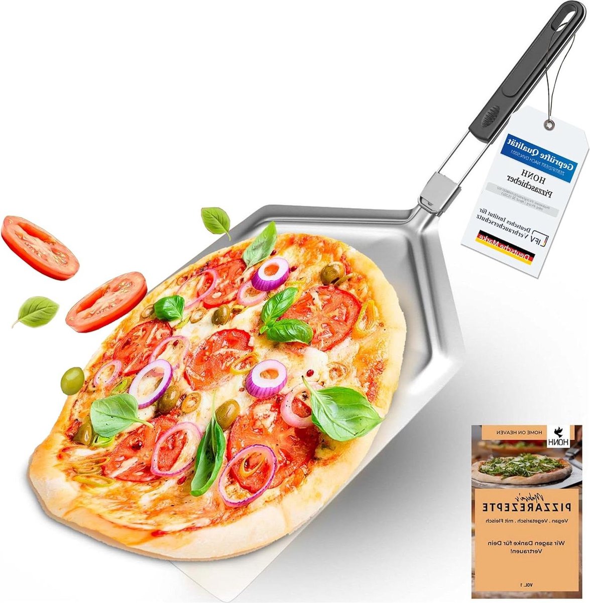 Pizzaschep van roestvrij staal extra grote schep (33 x 38 cm) stabiele vorm opvouwbare handgreep