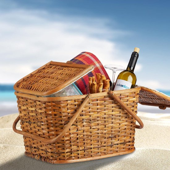 Relaxdays Picknickmand met deksel, gevlochten, stoffen bekleding