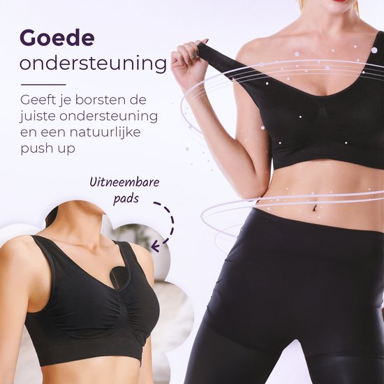 Mannequin portant un soutien-gorge noir, 'Bon maintien', avec des coussinets amovibles.