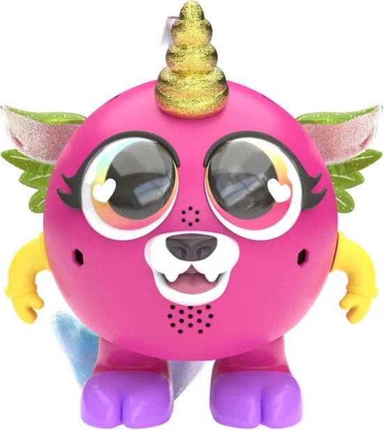 Roze speelgoedfiguur met gouden hoorn, glinsterende vleugels en grote ogen.