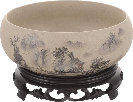 Angoily Grote Keramische Succulent Potten Met Presentatiestandaard Chinees Tekenpatroon Ontwerp Bloemenvaas Goudvis Glas Planter Ronde Oosterse Bonsai Kom Van Porselein