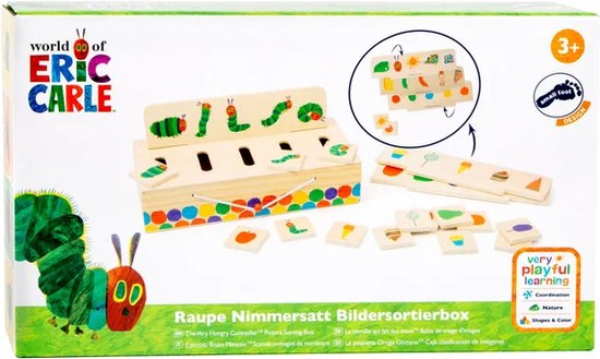 Verpakking van de Rupsje Nooitgenoeg Afbeeldingen Sorteerbox met de rups en de box, speelgoed en sorteerplaten.
