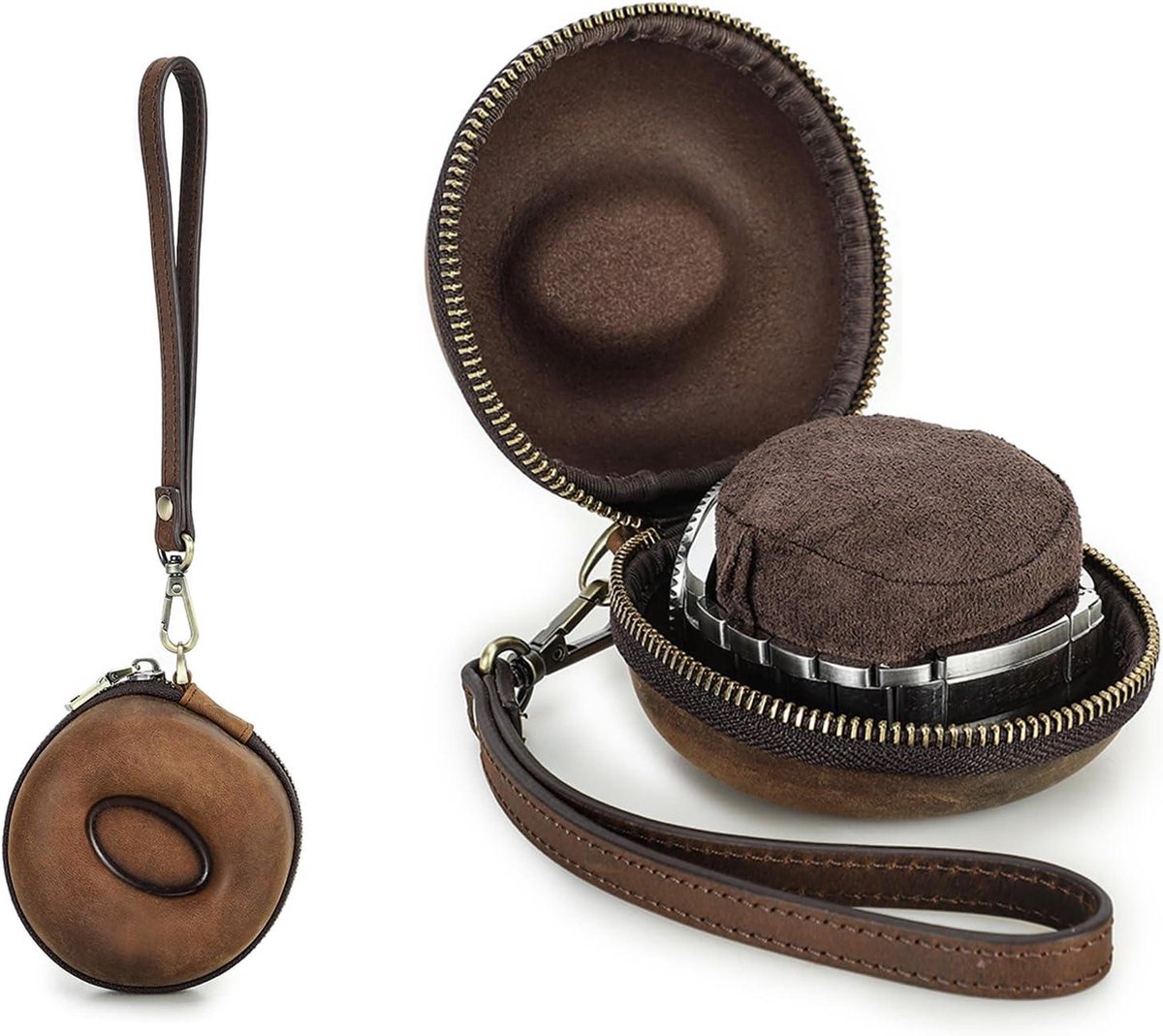 Reis Horloge Case - Lederen Horloge Box Met Handheld Band - Draagbare Horloge Organizer - Horloge Dial tot 54 mm - Koffie