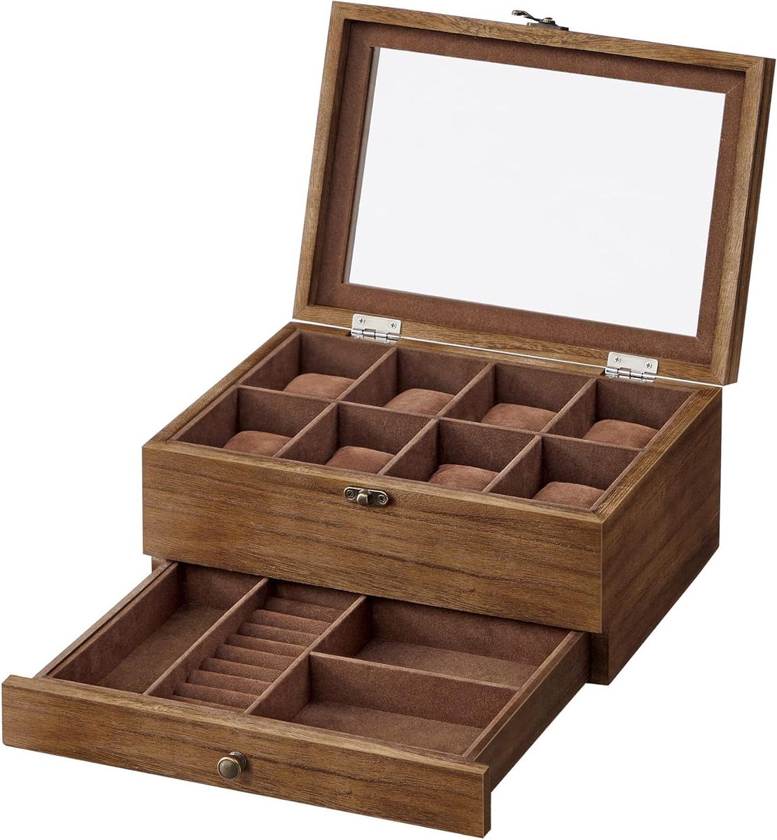 Horlogebox met 8 vakken - Massief houten horlogebox met glazen deksel - Ringen, armbanden en kettingen - Organizer