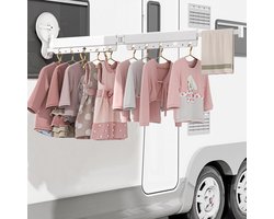 Intrekbaar droogrek voor wandkleding met zuignap - aluminium kledingrek met 10/15 haken en verlengstang - wit - voor balkon, wasruimte, badkamer