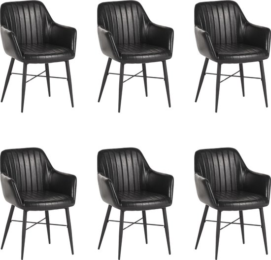 Colenis® - Chaise de salle à manger Herbert - Set de 6 - Zwart - Cuir PU - Pieds noirs - Industriel