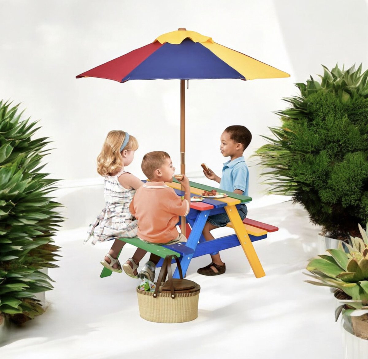 Bol.com Kindermeubel van dennenhout, picknicktafel met bank voor kinderen, met parasol, kinderzitgroep voor 4 peuters, geschikt ... aanbieding
