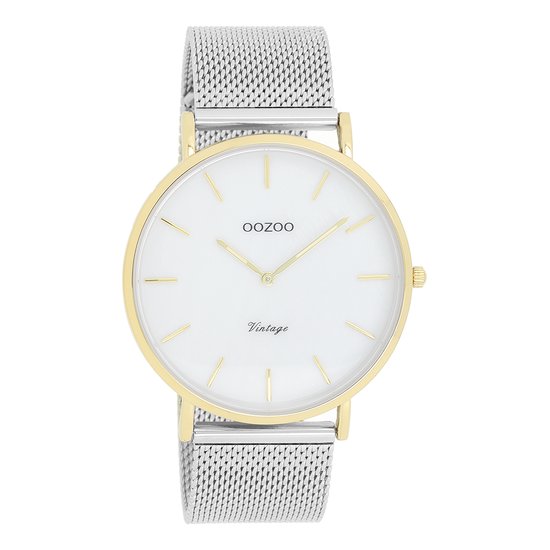 OOZOO Timepieces - Goudkleurige horloge met zilverkleurige metalen mesh armband - C20119
