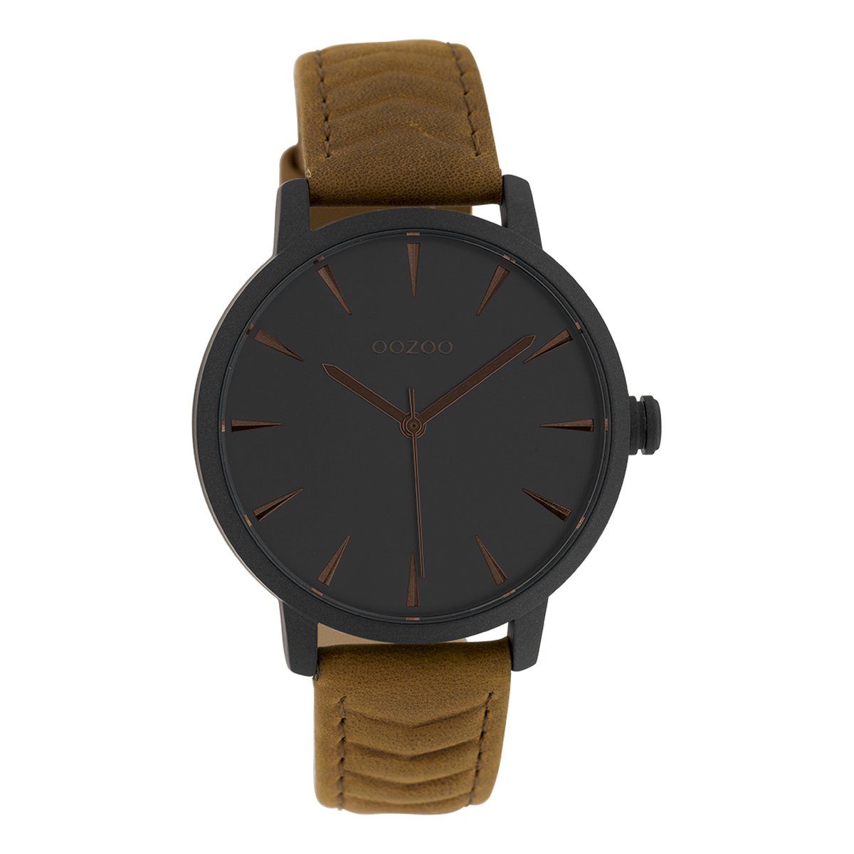 OOZOO Timepieces - Zwarte horloge met bruine leren band - C10132