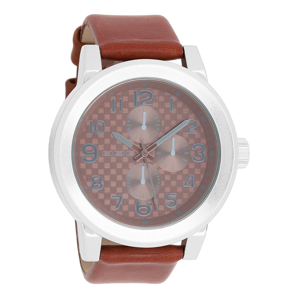 OOZOO Timepieces - Zilverkleurige horloge met bruine leren band - C5582