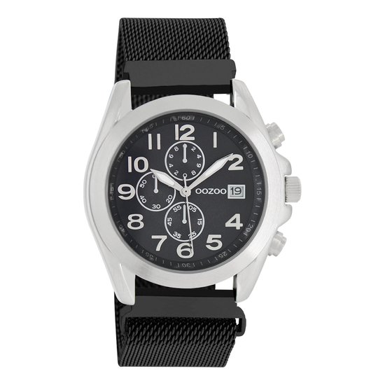OOZOO Timepieces - Zilverkleurige horloge met zwarte metalen mesh armband - C10732