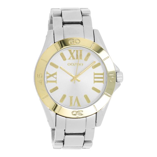 OOZOO Timepieces - Zilver/goudkleurige horloge met zilverkleurige roestvrijstalen armband - C5703