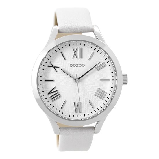 OOZOO Timepieces - Zilverkleurige horloge met witte leren band - C9475