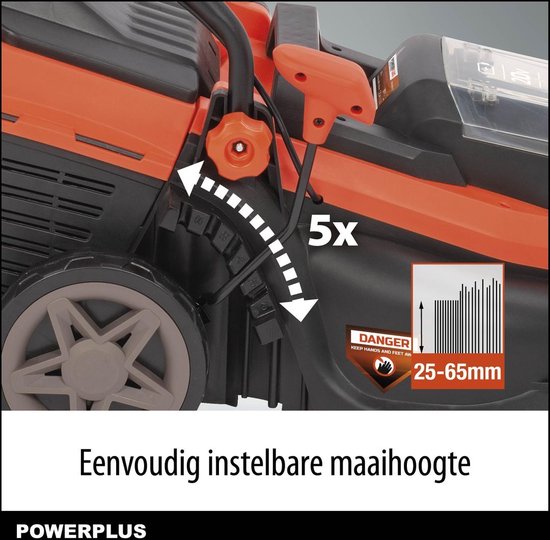Gedetailleerde close-up van de oranje en zwarte accugrasmaaier, met instelbare maaihoogte van 25-65 mm.