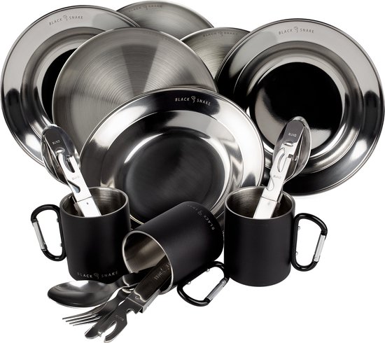 Black Snake® Diep roestvrij staal camping picknick bord inclusief 'Lunch' bestek - 4 personen - set
