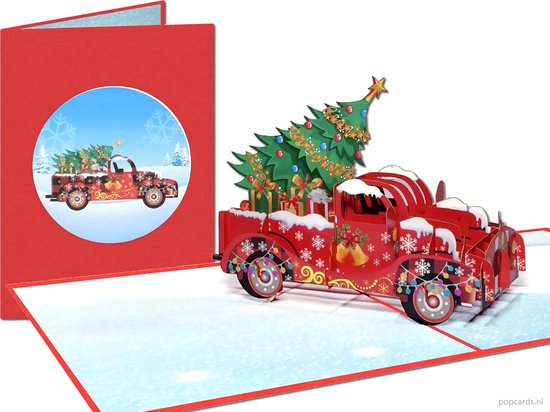 Popcards pop-up kaarten – Leuke 3D-Kerstkaart met kerstboom en cadeautjes in versierde pick-up truck auto pop-up kaart 3D wenskaart