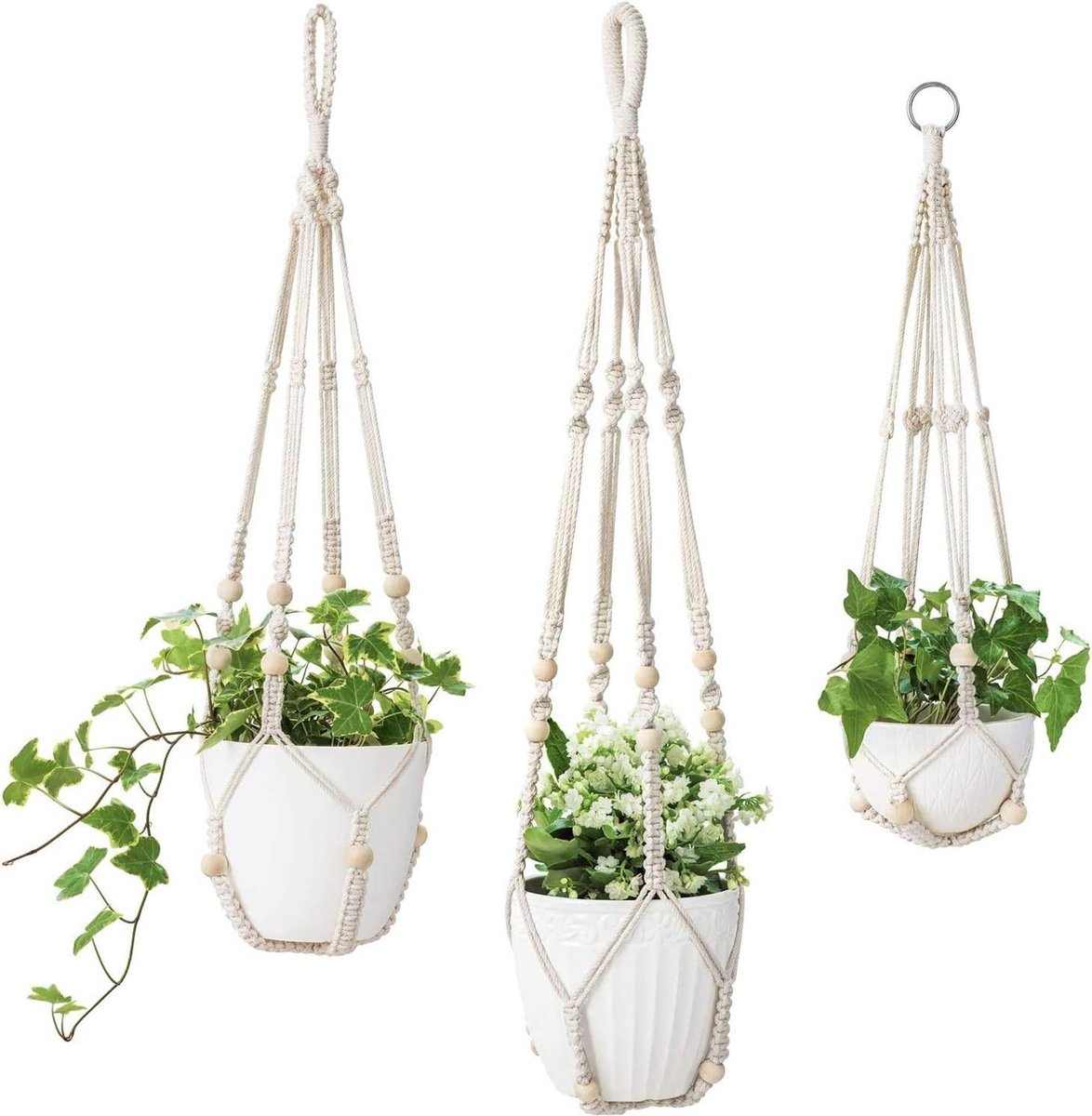 Set van 3 macramé plantenhangers hangende bloempothouder katoenen touw met parels binnen 58 cm 73 cm 89 cm Flower Hanger