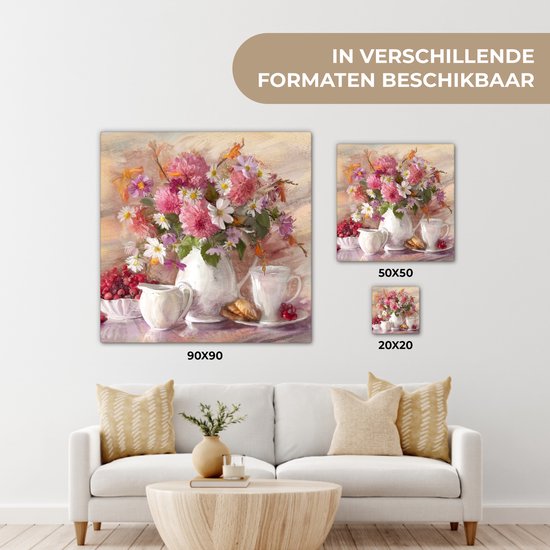 Toile - Peinture - Fleurs - Vase - Huile - 90x90 cm - Décoration murale