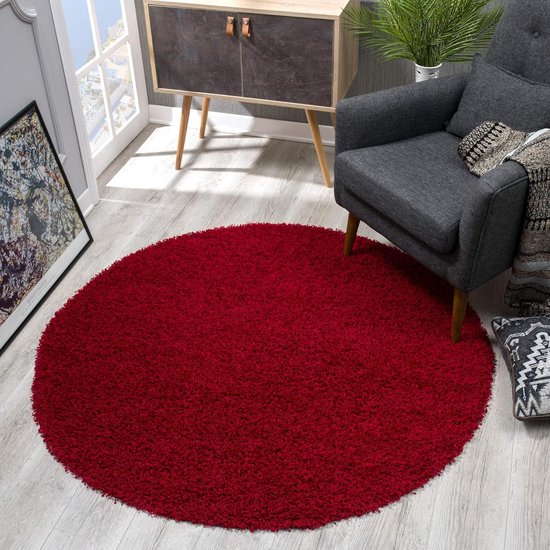 Vloerkleed rond hoogpolig - rood modern tapijt voor woonkamer slaapkamer eetkamer kinderkamer - 80x80 cm vloerkleed