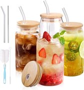 Glazen bekers met deksels en rietjes 4 stuks - 16 oz blikvormige glazen kopjes drinkglazen met bamboe deksel - bierblikglas met stro - ijskoffie glazen met deksels - set van glazen bekers