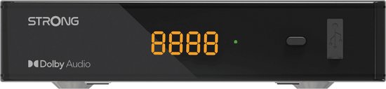 Récepteur satellite Strong noir avec affichage "8888", port USB et logo Dolby Audio.