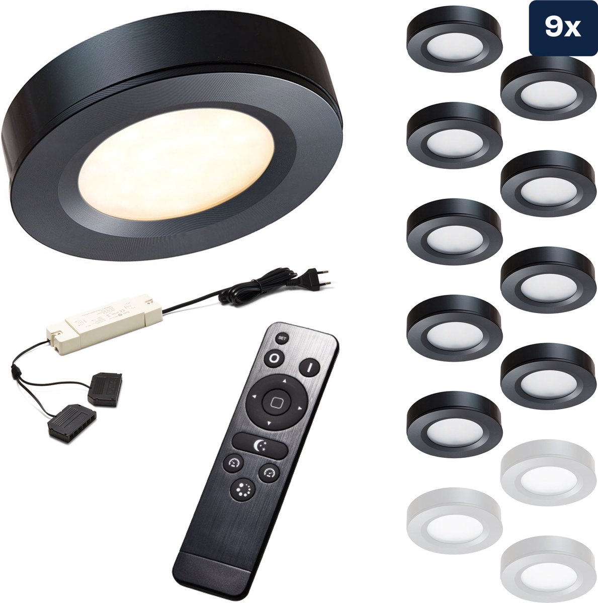 Ledisons Adria 9 zwarte LED opbouwspots met afstandsbediening dimbaar 3 jaar garantie 2700K (extra warm-wit) 200 Lumen 3W IP51