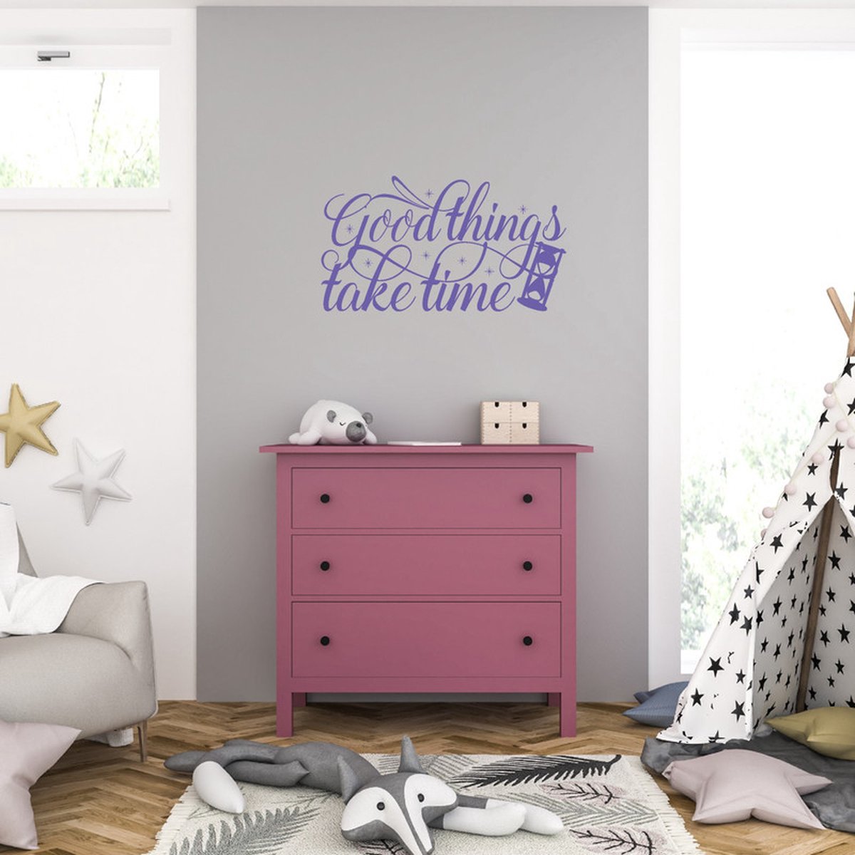 MC Living Muursticker - Good Things Take Time - 40,6 x 72,8 - Paars
