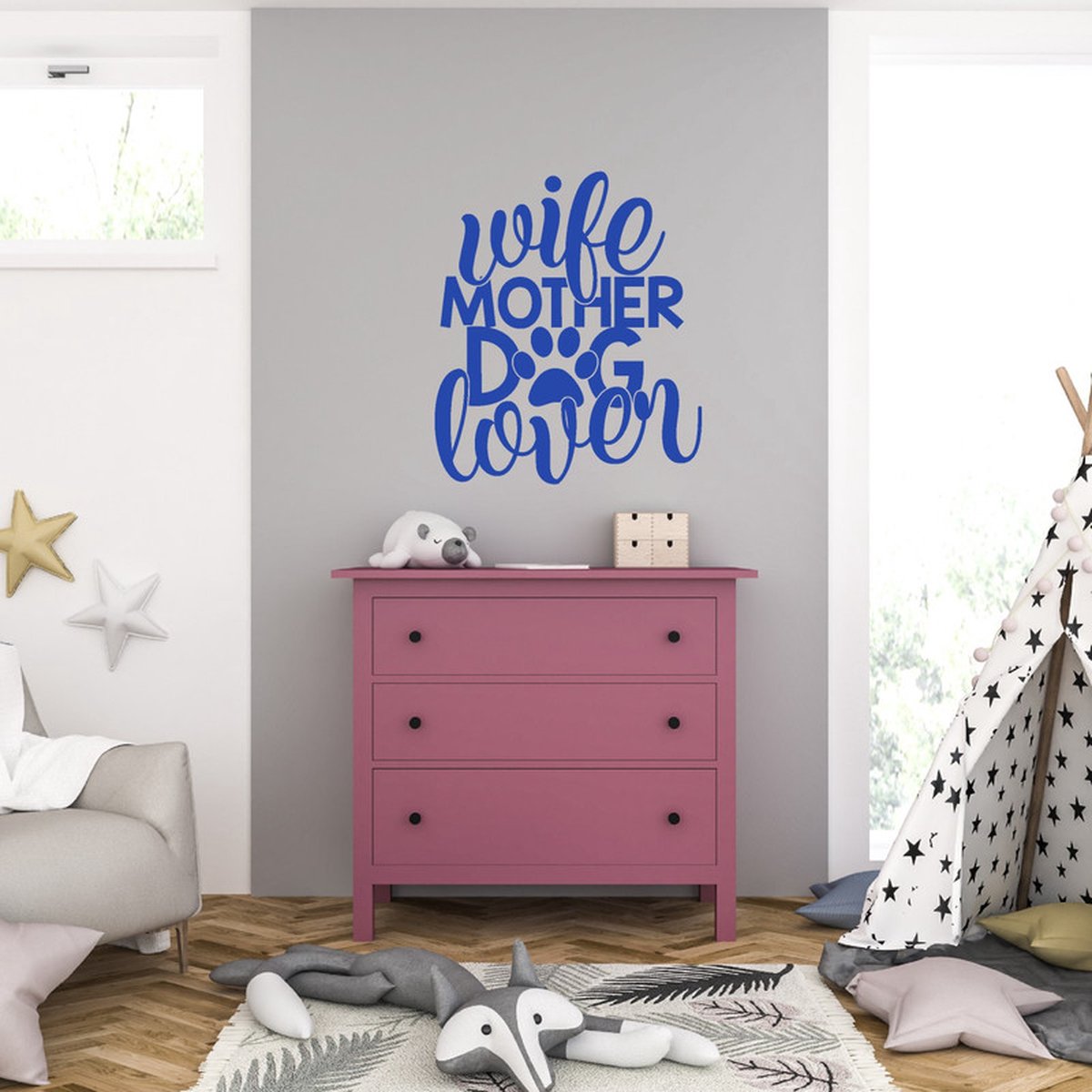 MC Living Muursticker - Wife Mother Dog Lover - 46,4 x 53,6 - Blauw