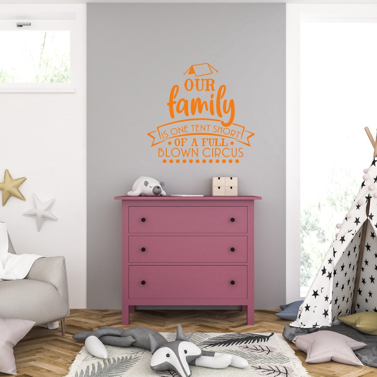 MC Living Muursticker - Our Family Is One Tent Short - 46,4 x 49,6 - Oranje