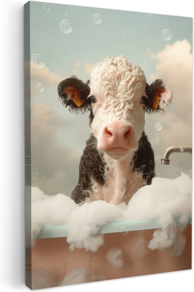 Canvas schilderij 60x90 cm - Wanddecoratie badkamer Kalf - Koe - Bad - Schuim - Dieren - M