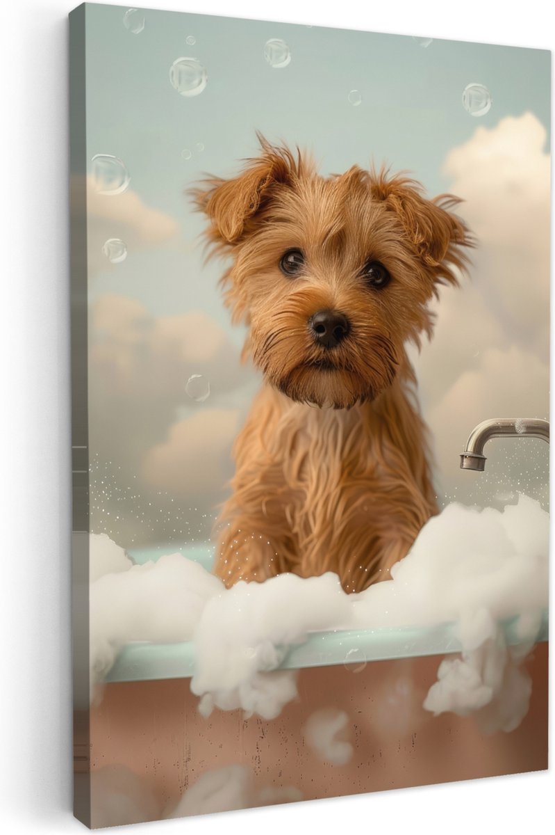 Canvas schilderij 60x90 cm - Wanddecoratie badkamer Hond - Bad - Dieren - Schuim - Muurdec
