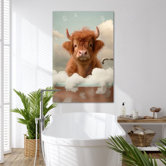 Tableau toile 80x120 cm - Décoration murale salle de bain Highlander écossais - Bain - Mousse - Vache - Décoration murale murale WC - Accessoires décoratifs - Décoration murale Toilettes - Peintures sur toile