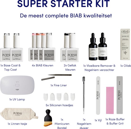 Foto: Polish amsterdam biab super starter kit builder in a bottle biab nagel builder gel biab nagellak starterset inclusief 36w uv led lamp 4x biab kleur top base coat nagelriem pusher 2x gellak nagelremover linnen tas