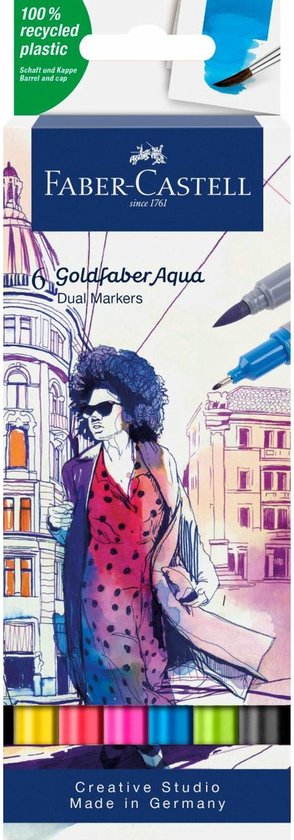 Emballage de 6 marqueurs doubles Faber-Castell Goldfaber Aqua avec illustration aquarelle d'une femme.