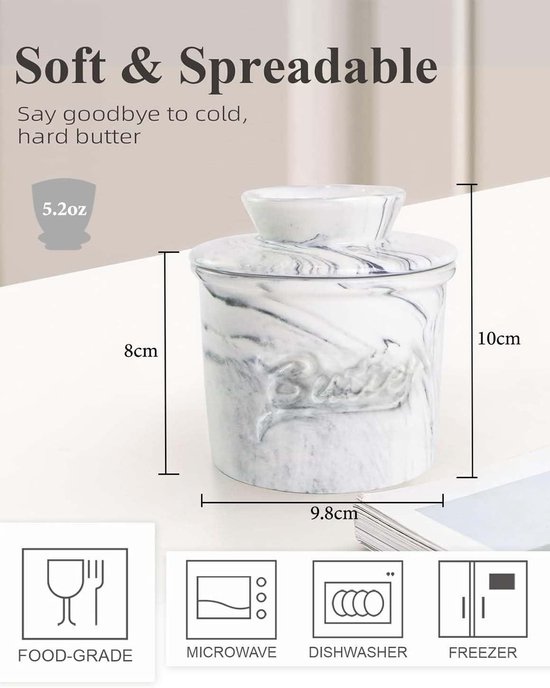 PRITOK Porseleinen boter Keeper Crock: keramische botercontainer, ronde botercontainer, keramische boterpot met deksel voor verse en smeerbare boter, voor het bewaren van boter (azuurblauw