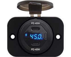 ProRide 12V USB C Autolader 2 Poorten Inbouw met Schakelaar en Wattagemeter - 45W - QC3.0 - Complete set - Blauw